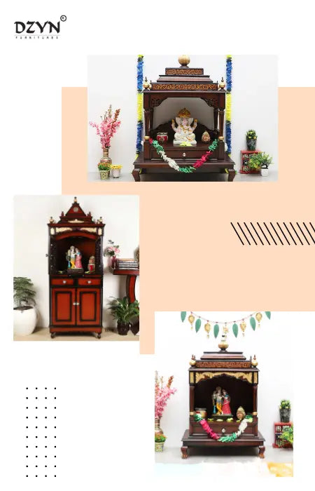 Beautifully decorated pooja mandir with idols, flowers, and traditional lamps, creating a serene and sacred space.