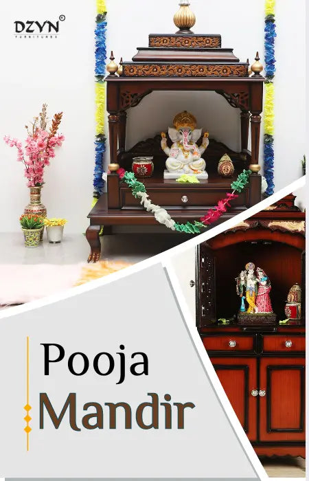 Beautifully decorated wooden pooja mandir with idols, diyas, and fresh flowers, creating a serene and spiritual atmosphere.