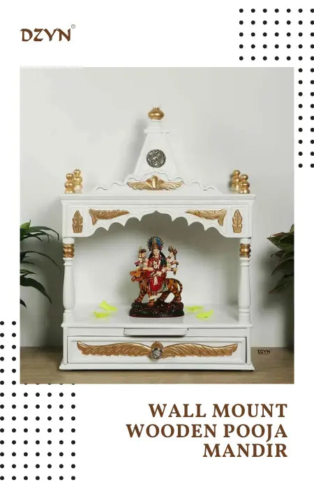 Wall munt wooden temple in white color placed in a pooja room.