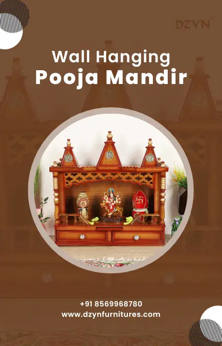 Wall-hanging wooden pooja mandir in a serene home setting.