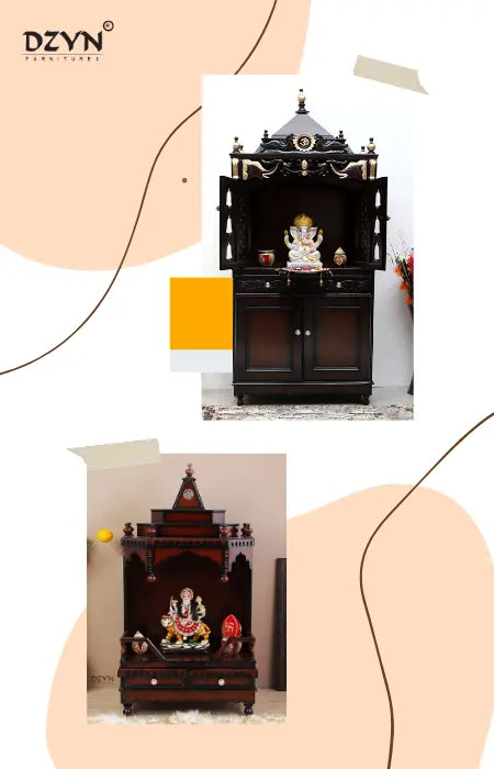 Elegant wooden pooja mandirs with intricate carvings, enhancing the spiritual and aesthetic ambiance of a home.