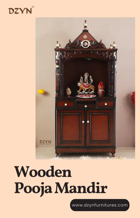 wooden pooja temple placed in a home.