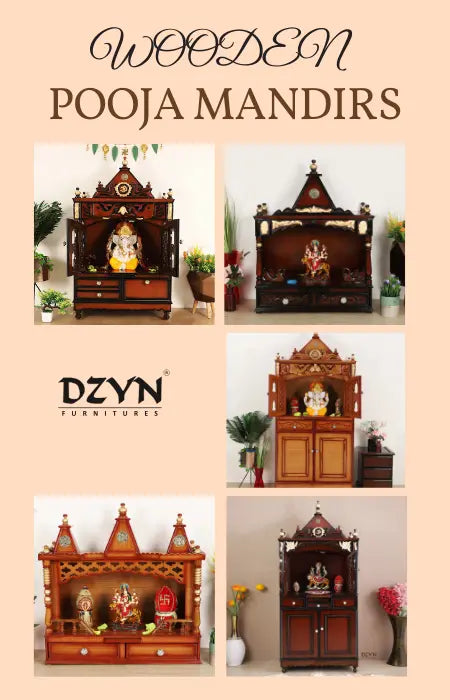 Five beautifully designed wooden pooja mandirs displayed together, showcasing intricate carvings and elegant finishes suitable for different home decor styles.