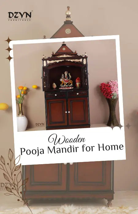 Wooden pooja mandir displayed in a living room setting.