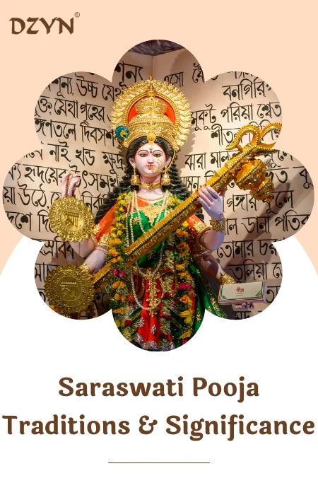 Deity-of-Goddess-Saraswati-holding-a-veena-during-Basant-Panchami-Saraswati-Pooja,-adorned-with-floral-garlands-and-traditional-decorations.