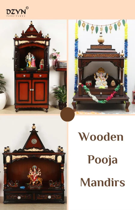 Collage of premium wooden pooja mandirs by DZYN Furnitures, showcasing handcrafted teakwood temples with intricate designs in brown and gold finishes.