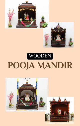 Four beautifully crafted teakwood pooja mandirs in different designs, showcasing intricate carvings and elegant finishes.