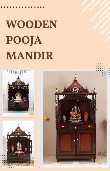 Elegant teak wood pooja mandir with intricate carvings, showcasing its natural beauty and craftsmanship.