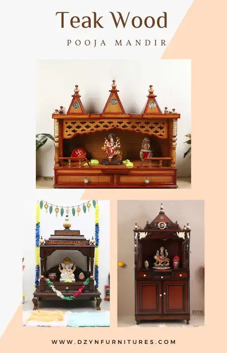 Pooja room with three different sizes of beautifully crafted teak wood pooja mandirs, showcasing intricate designs and rich, natural wood tones.