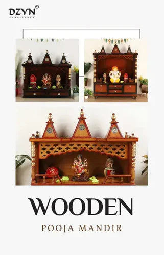 Three beautifully crafted wooden pooja mandirs displayed in a living room setting, showcasing intricate designs and rich finishes.