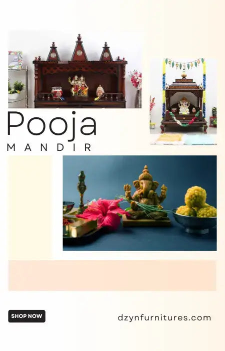 Beautifully adorned wooden pooja mandir with traditional decorations and offerings.