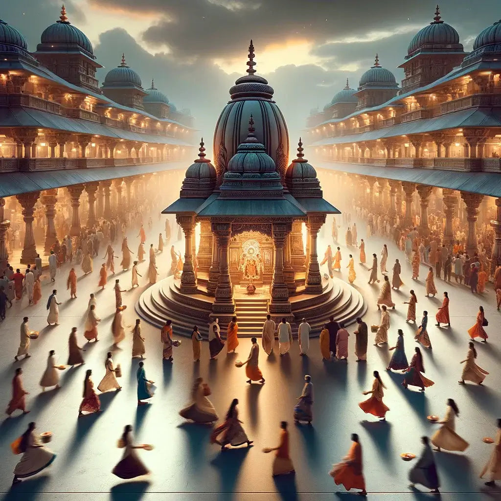 people moving clockwise around a hindu temple