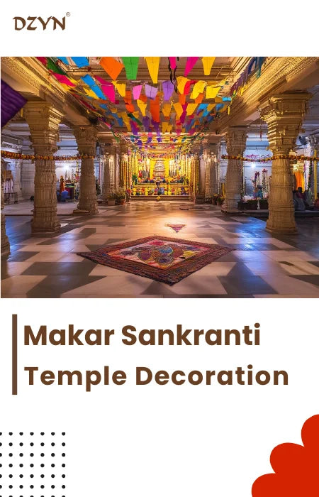Makar Sankranti temple decoration with colorful hanging banners, vibrant rangoli designs, and traditional ornaments enhancing the festive atmosphere inside the temple.