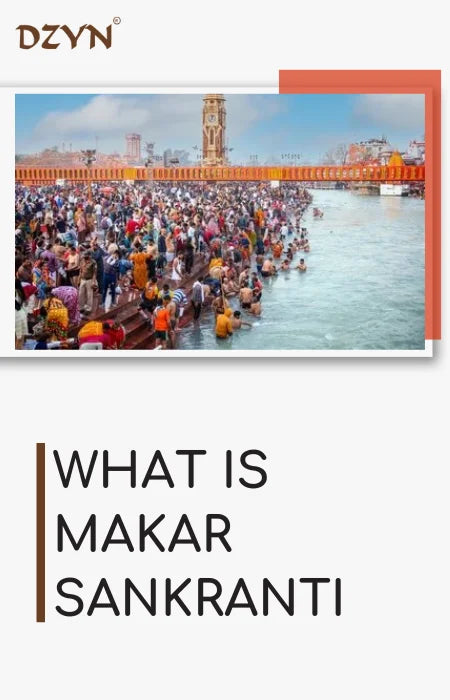 A large crowd of people bathing in the river during Makar Sankranti festival with a scenic bridge in the background.