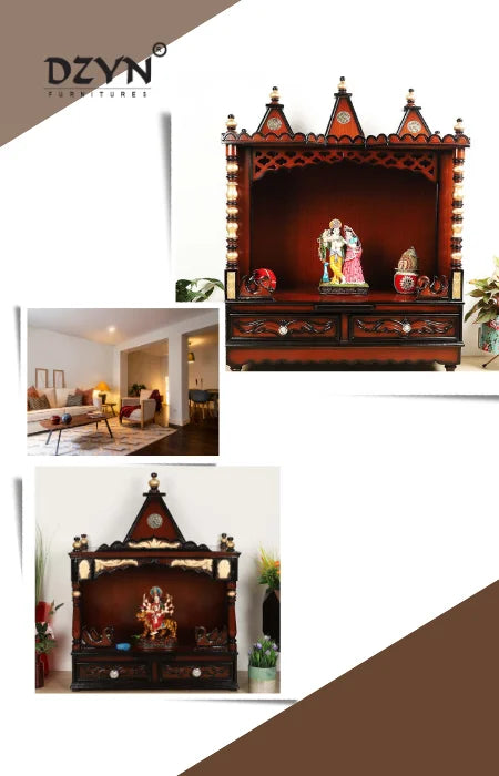 Beautifully crafted wooden pooja mandirs enhancing the spiritual ambiance of a home.