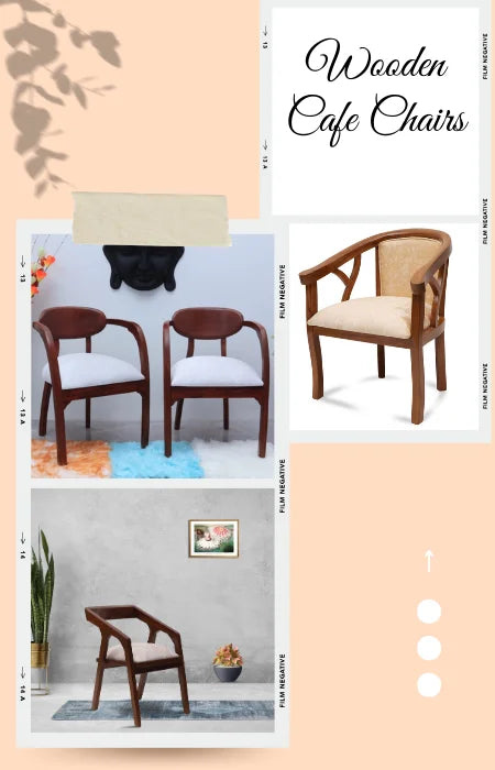 Wooden cafe chairs with cushioned seats by DZYN Furnitures, showcasing stylish teakwood designs suitable for dining, cafes, and modern home interiors.
