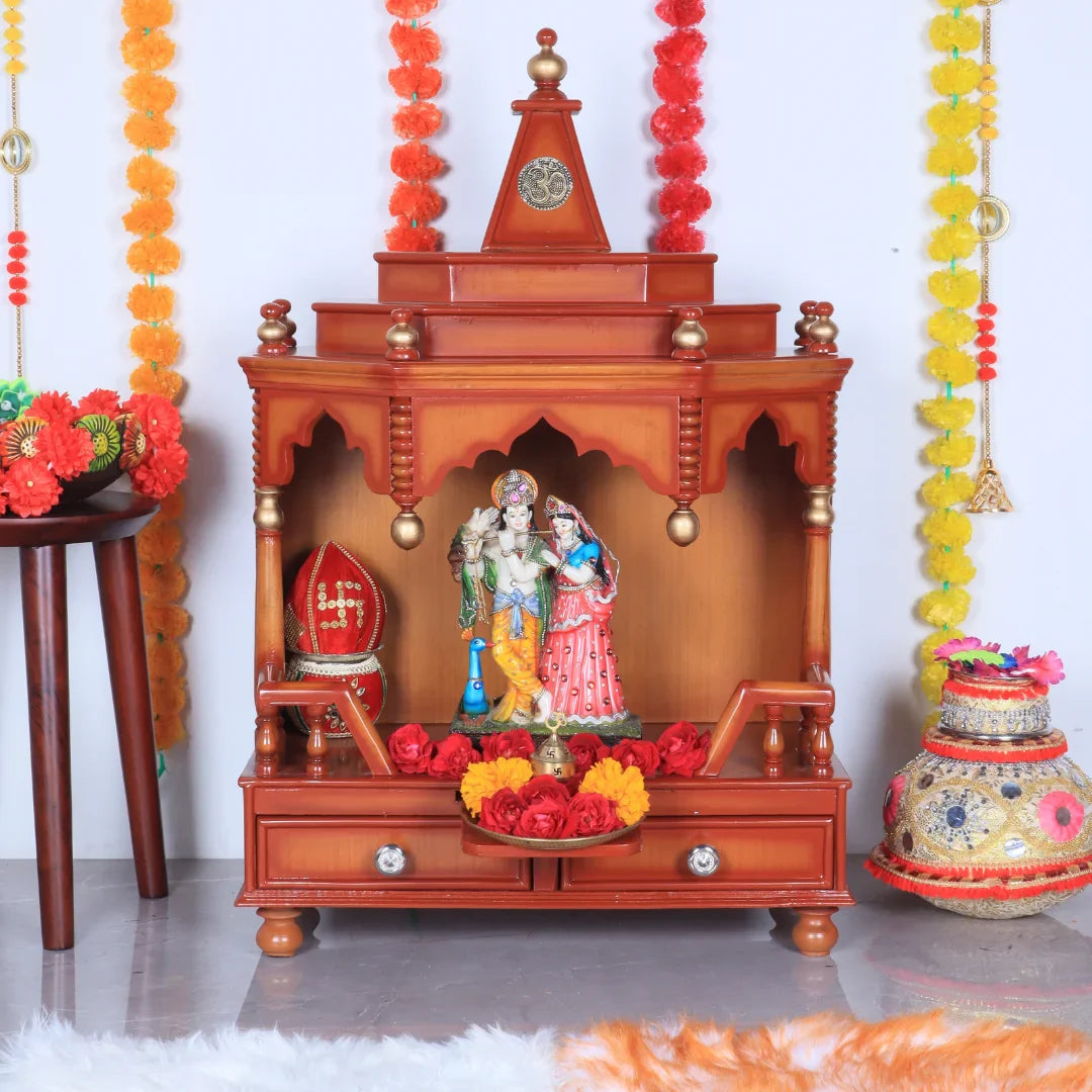 Brahma Shray Teak Wood Floor Rested Pooja Mandir (Teak Gold) lifestyle image
