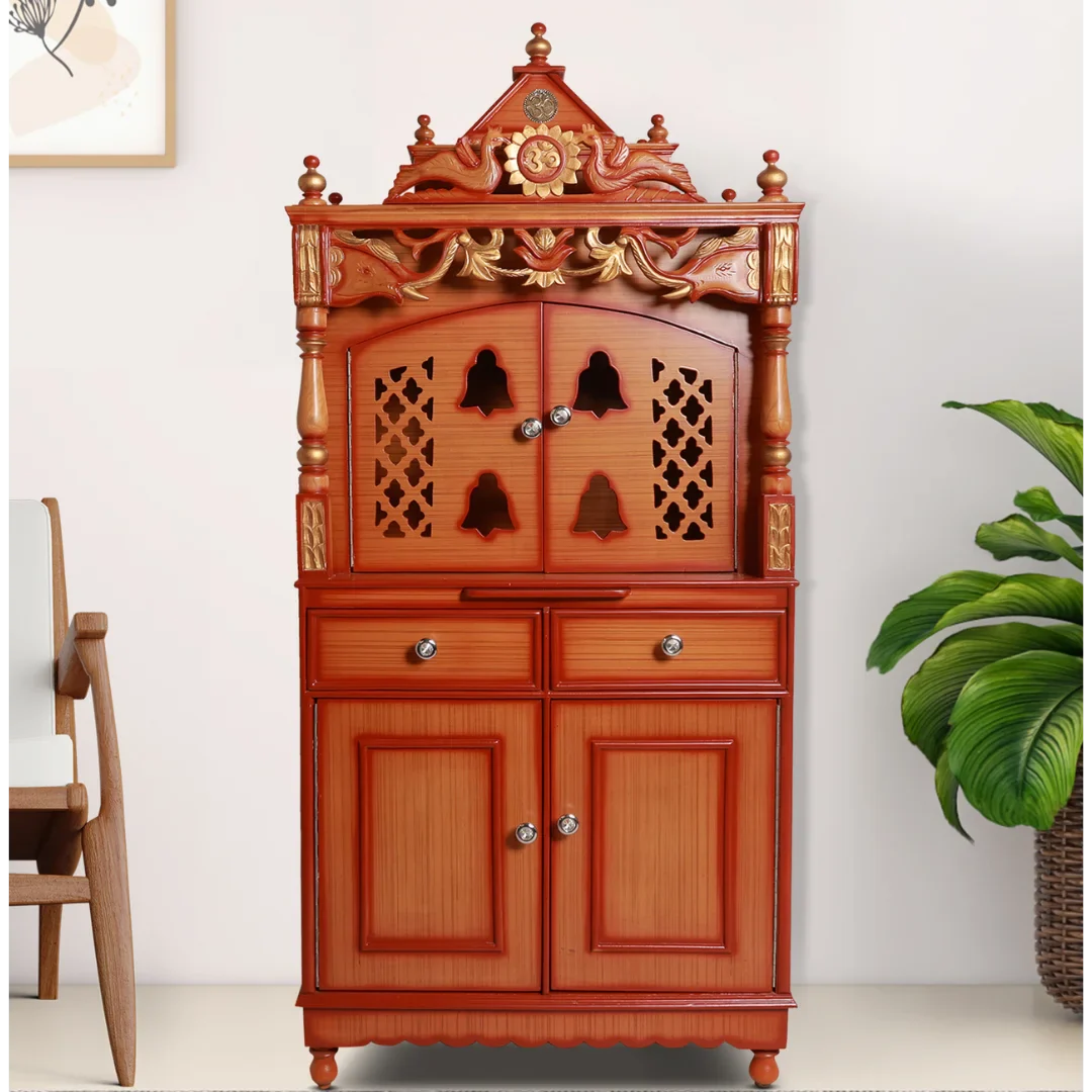 Vedashraya Floor Rested Pooja Mandir with Door (Teak Gold) lifestyle image
