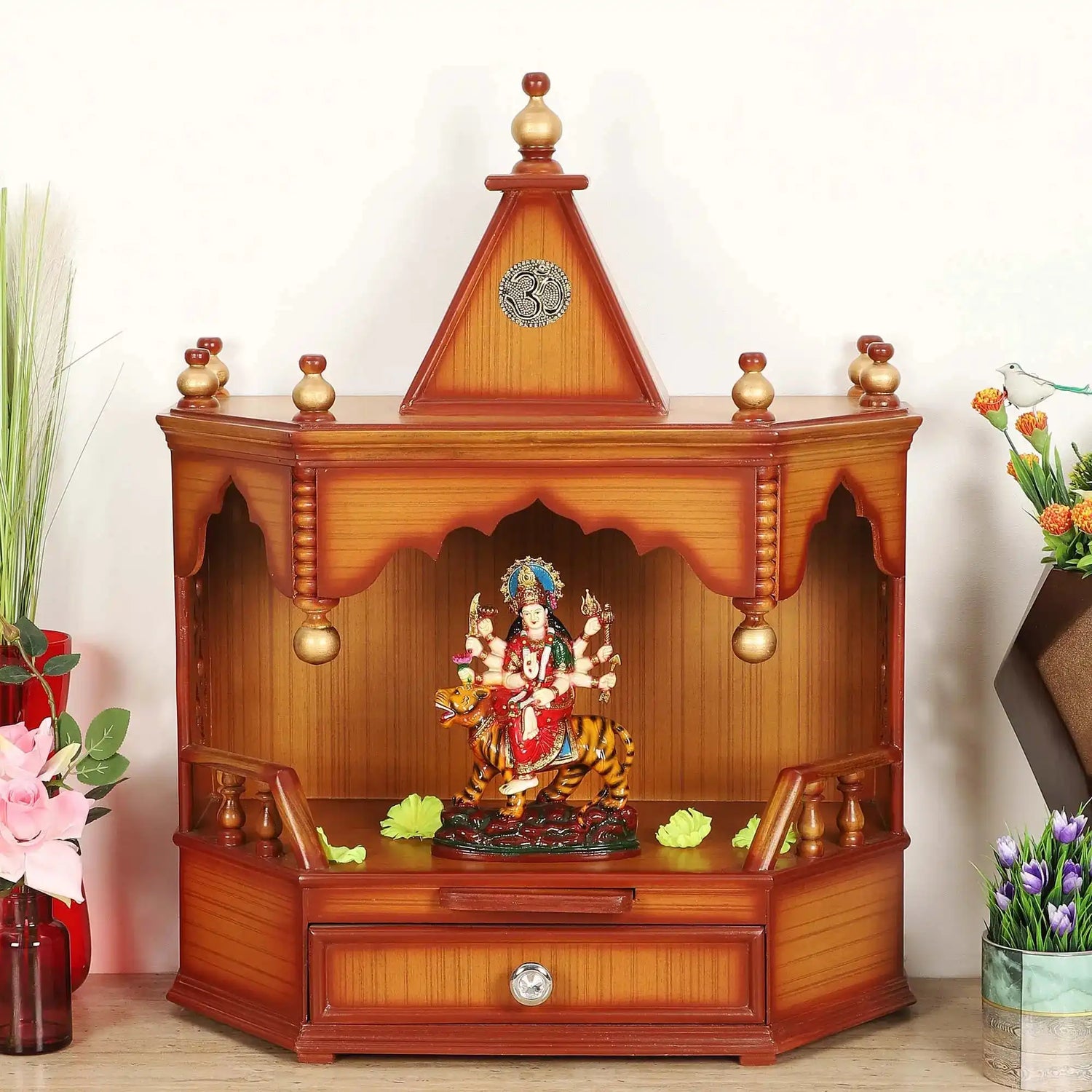 Pratishtha Solid Wood Wall Mount Pooja Mandir (Teak Gold) lifestyle image