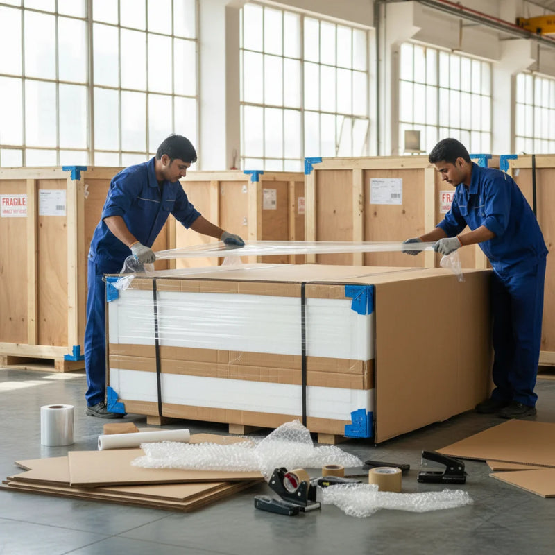 Two workers in a warehouse assembling a large cardboard box.
