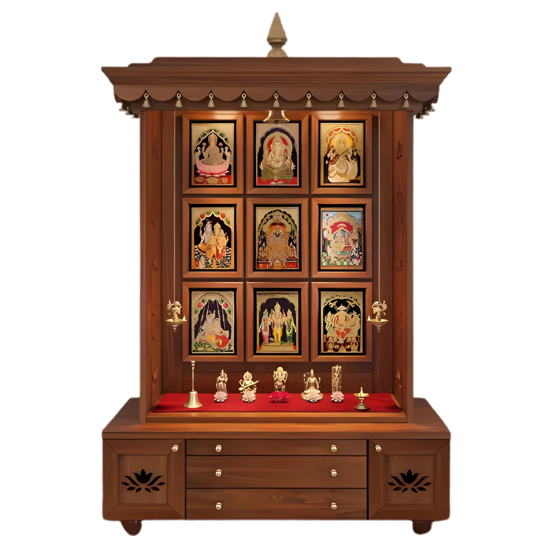 Aadhyatmik Teak Wood Pooja Mandap without Door(Teak) Front View