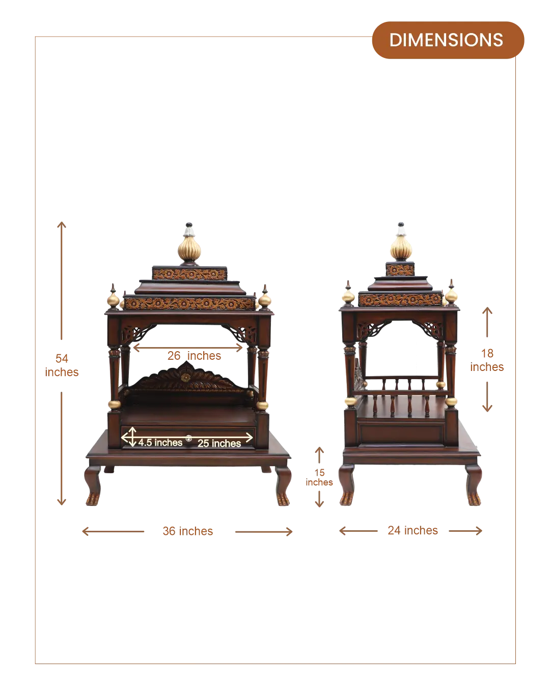 Aaradhana Large Floor Rested Pooja Mandir (Brown Gold) dimensions