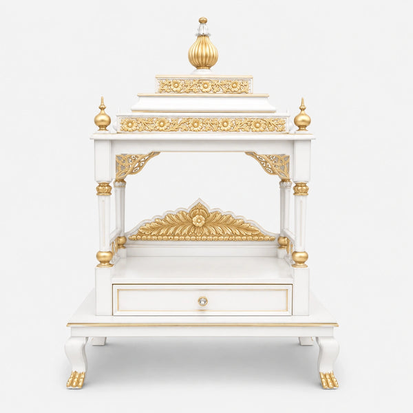 Aaradhana Large Floor Rested Pooja Mandir (White Gold) Front View