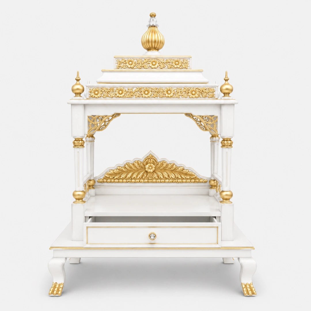 Aaradhana Large Floor Rested Pooja Mandir (White Gold) Front view open drawer