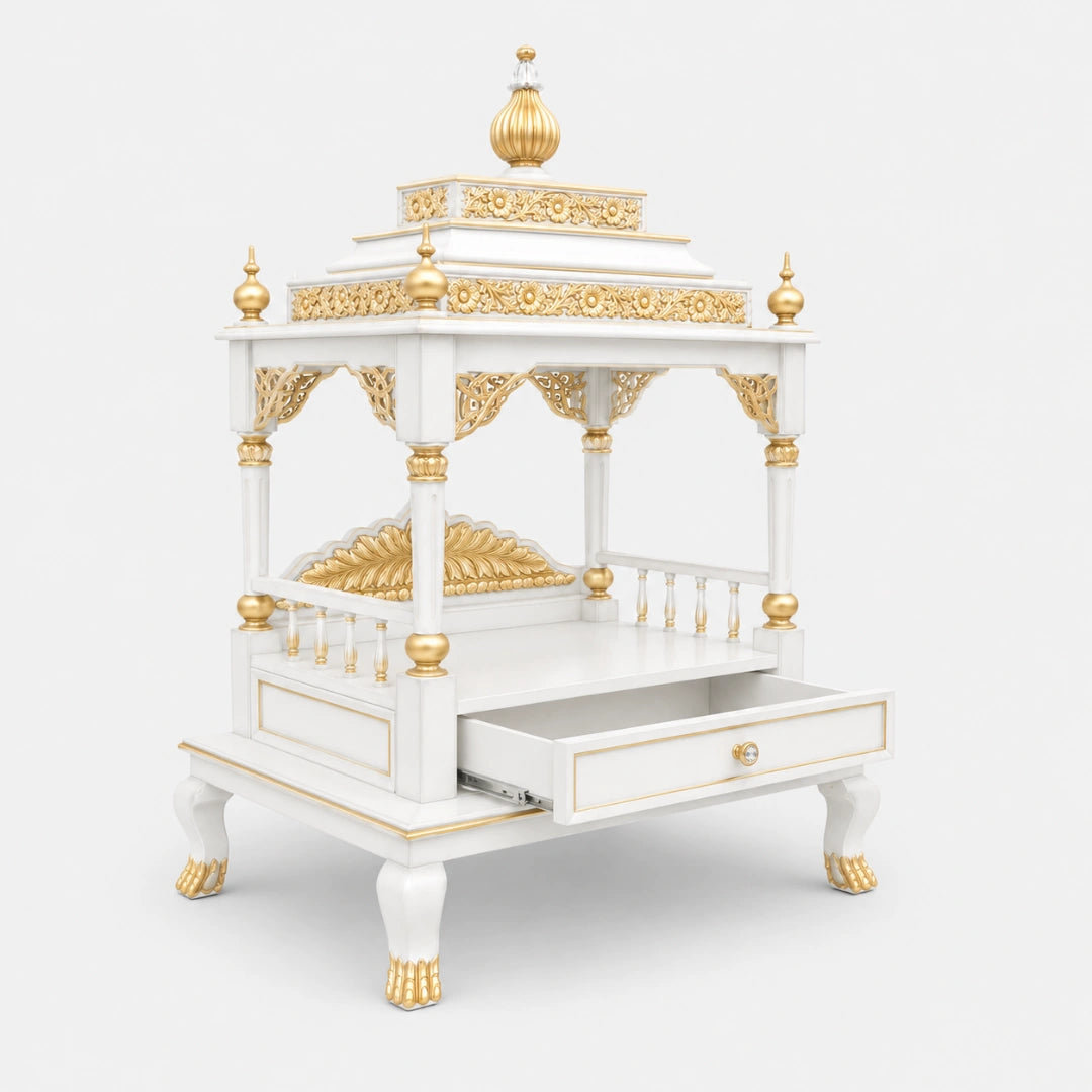 Aaradhana Large Floor Rested Pooja Mandir (White Gold) Side View open drawer