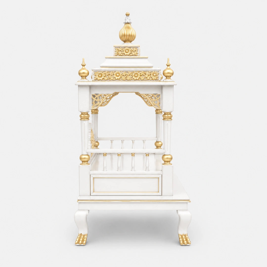 Aaradhana Large Floor Rested Pooja Mandir (White Gold) Side Angle