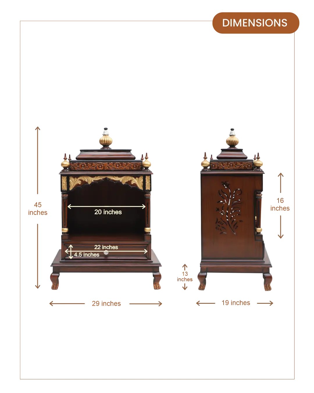Aaradhana Medium Floor Rested Pooja Mandir (Brown Gold) lifestyle view dimensions