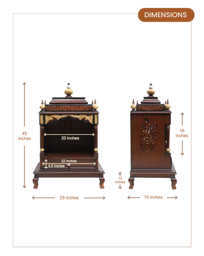 Aaradhana Medium Floor Rested Pooja Mandir (Brown Gold) lifestyle view dimensions