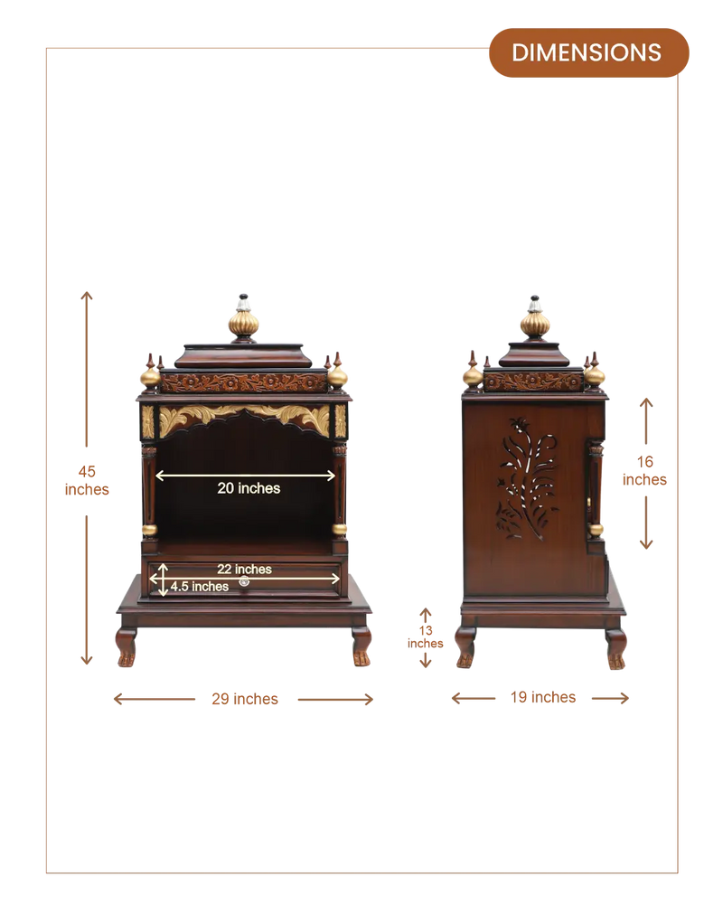 Aaradhana Medium Floor Rested Pooja Mandir (Brown Gold) lifestyle view dimensions