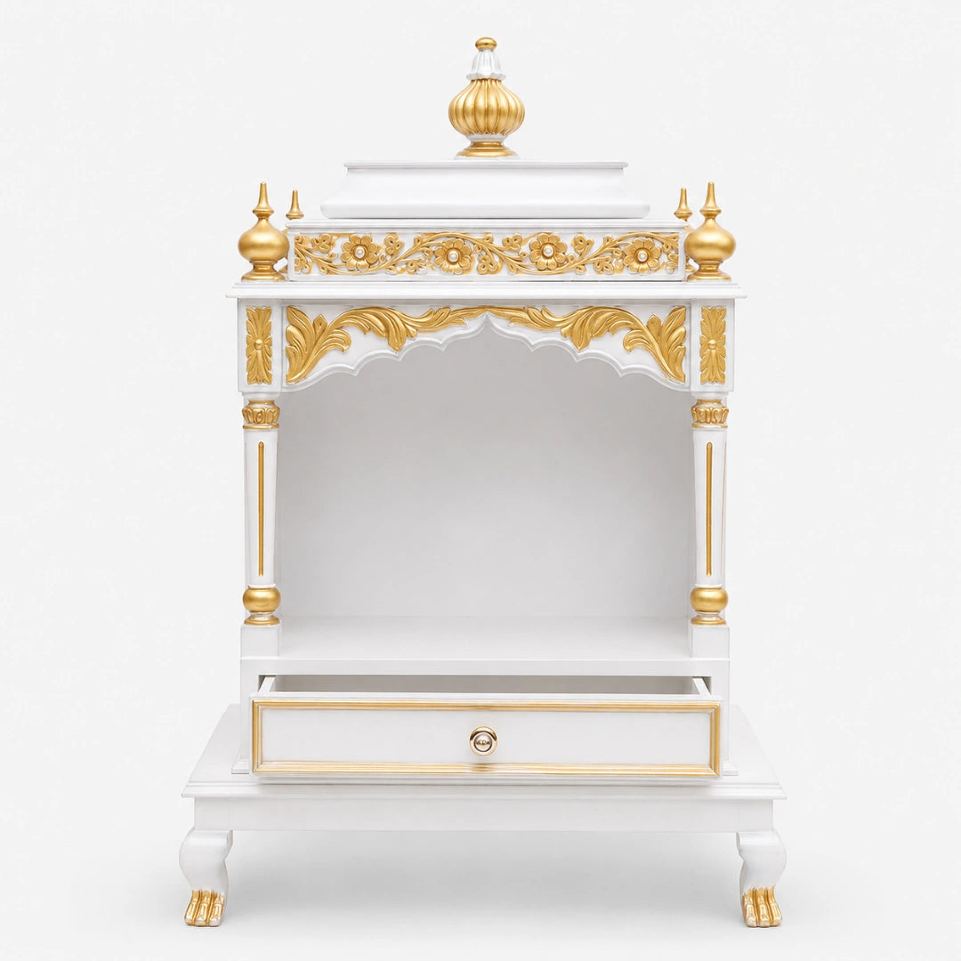Aaradhana Medium Floor Rested Pooja Mandir (White Gold) Front View