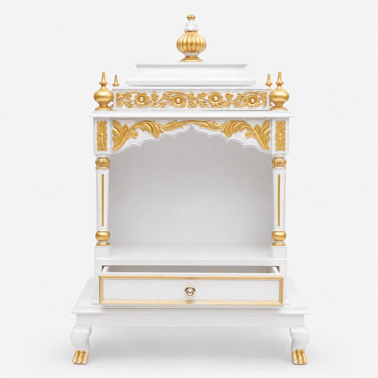 Aaradhana Medium Floor Rested Pooja Mandir (White Gold) Front View