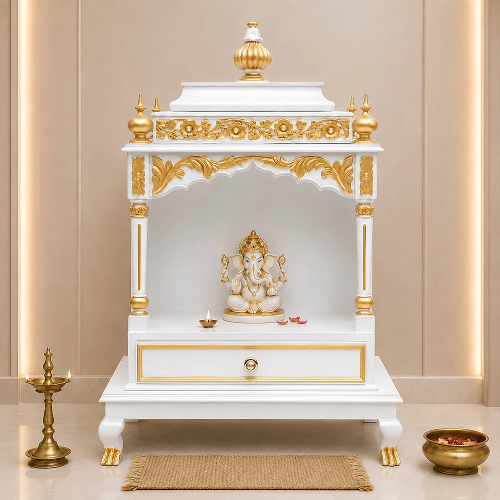 Aaradhana Medium Floor Rested Pooja Mandir (White Gold) Lifestyle View