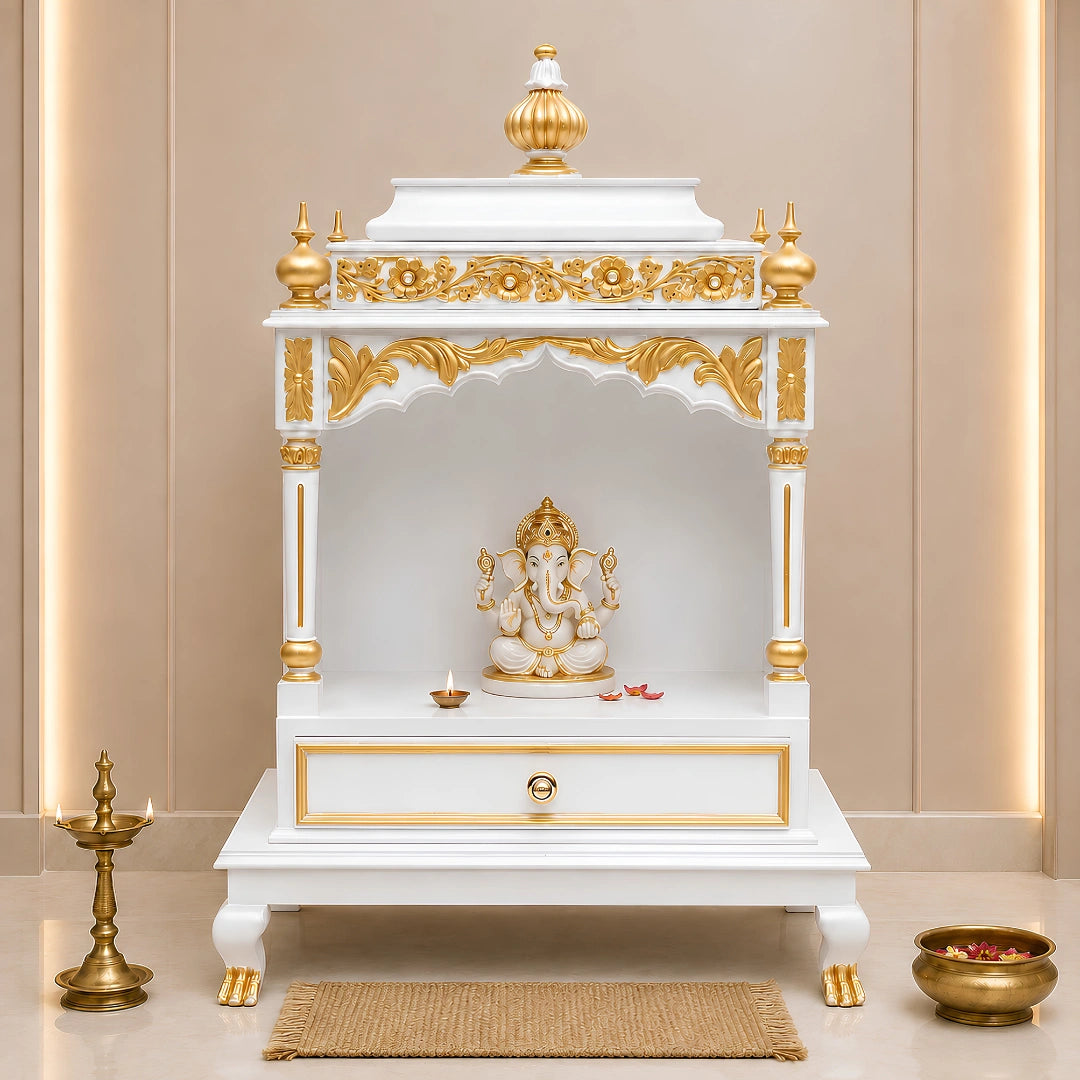 Aaradhana Medium Floor Rested Pooja Mandir (White Gold) Lifestyle View