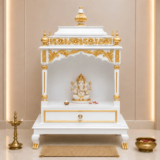 Aaradhana Medium Floor Rested Pooja Mandir (White Gold) Lifestyle View