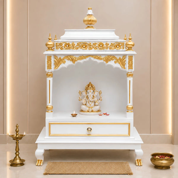 Aaradhana Medium Floor Rested Pooja Mandir (White Gold) Lifestyle View