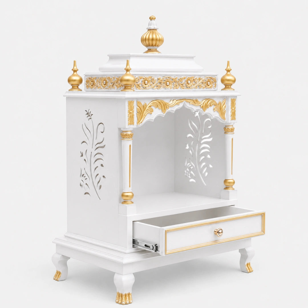 Aaradhana Medium Floor Rested Pooja Mandir (White Gold) Side View Open drawers