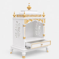 Aaradhana Medium Floor Rested Pooja Mandir (White Gold) Side View Open drawers