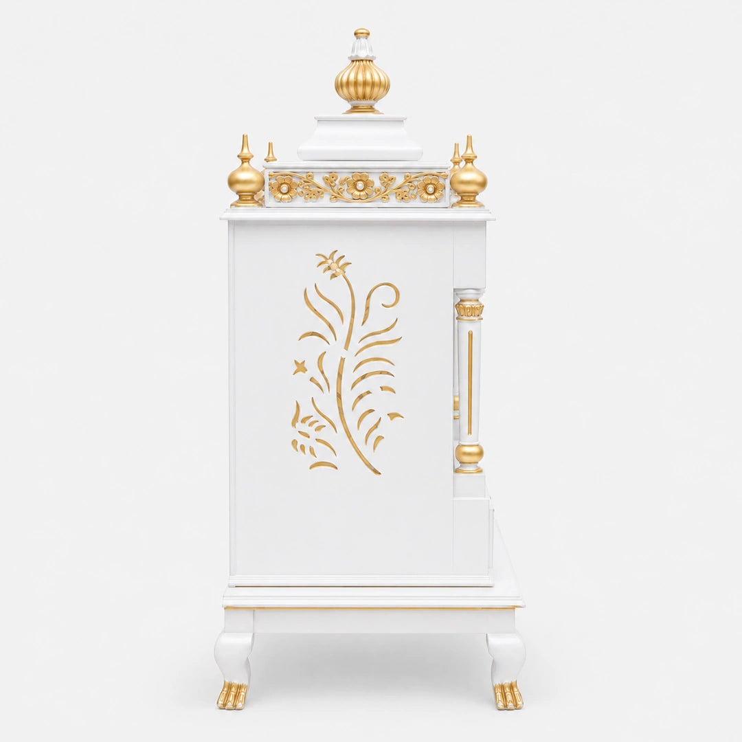Aaradhana Medium Floor Rested Pooja Mandir (White Gold) Side Angle