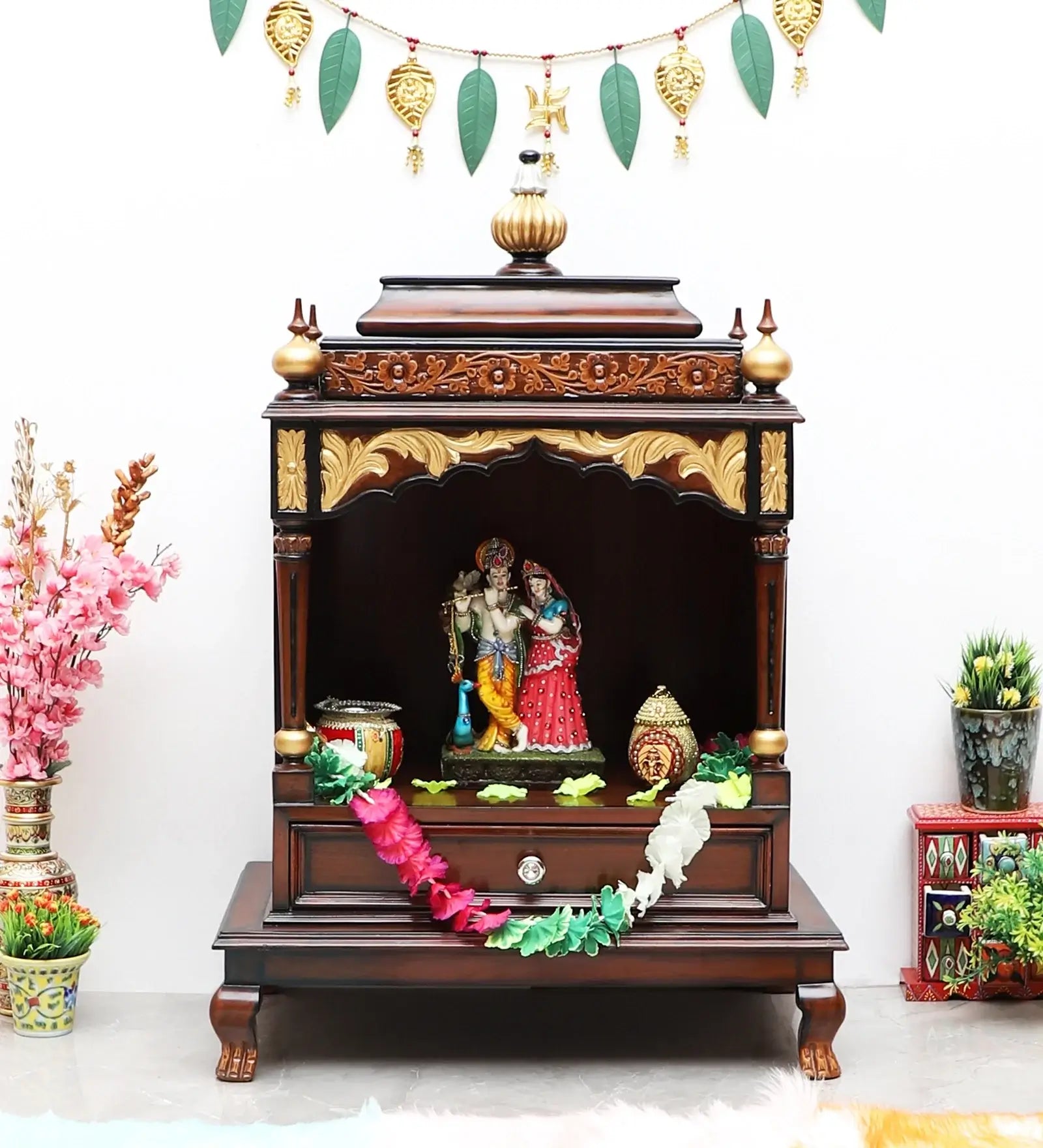 Aaradhana Medium Floor Rested Pooja Mandir Brown Gold - Lifestyle Image