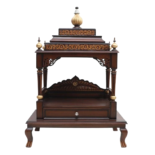 Aaradhana Large Floor Rested Pooja Mandir/Wooden temple for home in Brown Gold color front view