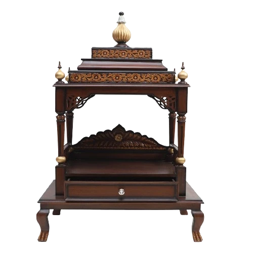 Aaradhana Large Floor Rested Pooja Mandir/Wooden temple for home in Brown Gold color front view 1