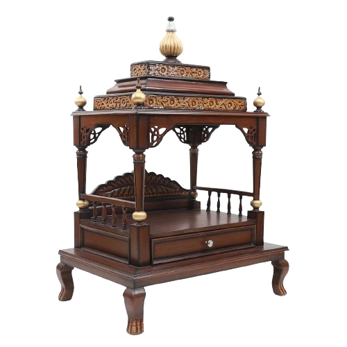 Aaradhana Large Floor Rested Pooja Mandir/Wooden temple for home in Brown Gold color 45° side view