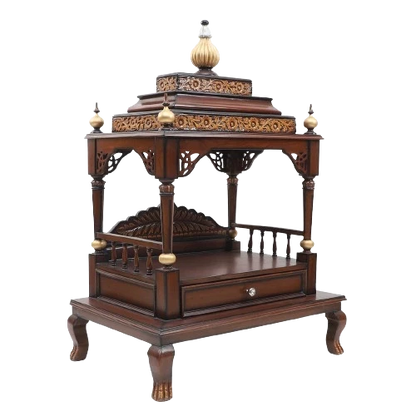 Aaradhana Large Floor Rested Pooja Mandir/Wooden temple for home in Brown Gold color 45° side view