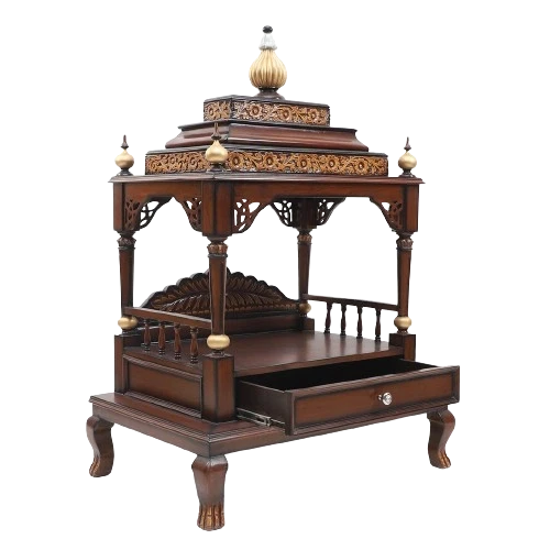 Aaradhana Large Floor Rested Pooja Mandir/Wooden temple for home in Brown Gold color 45° side view open drawers