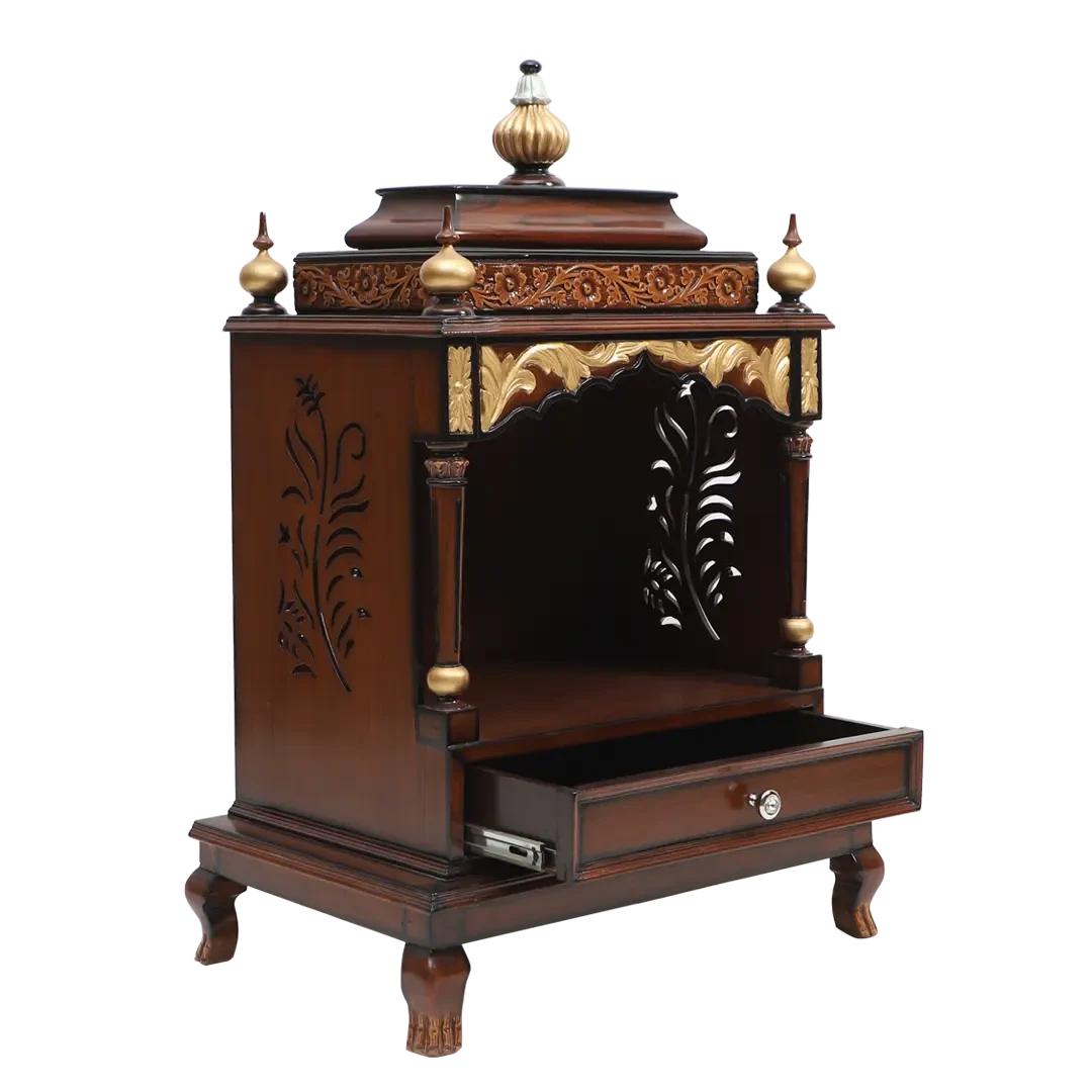 Aaradhana Medium Floor Rested Pooja Mandir/Wooden temple for home in Brown Gold color 45° side view open drawers