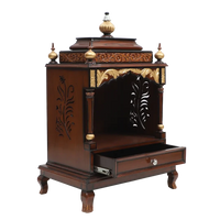Aaradhana Medium Floor Rested Pooja Mandir/Wooden temple for home in Brown Gold color 45° side view open drawers